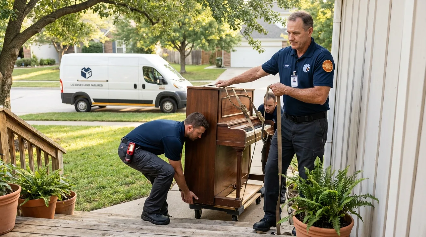 Licensed piano movers securing grand piano in Jefferson, GA