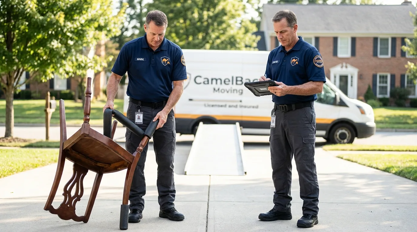 Movers inspecting furniture for damage prevention before loading in Jefferson, GA